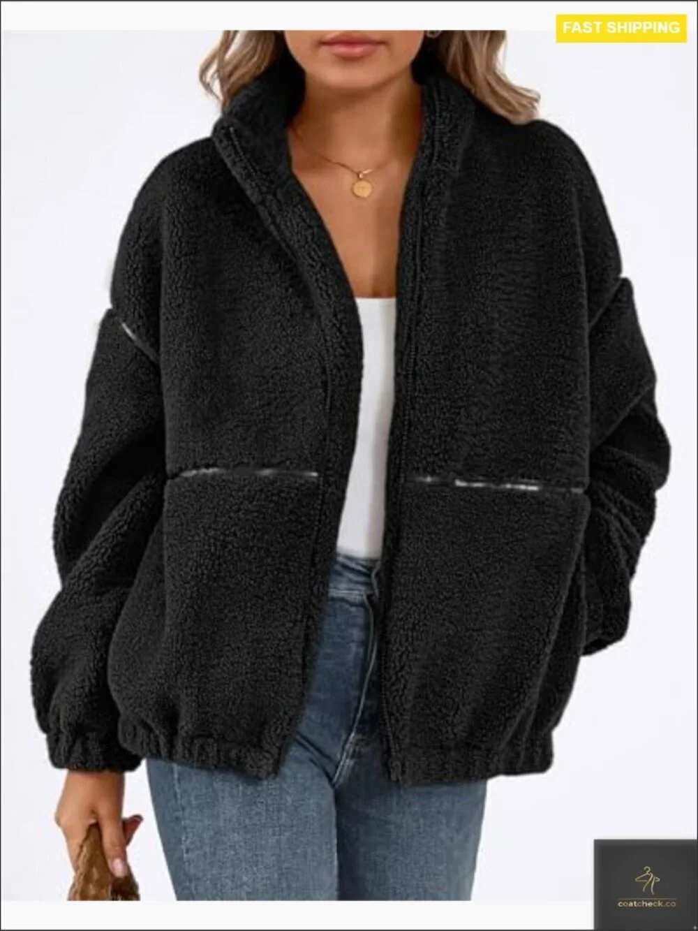 Oversized Faux Fur Zip Up Sherpa Jacket Winter Warm Fleece Jacket for Women